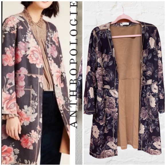Anthropologie Jackets & Blazers - Anthropologie Solitaire Dark Purple Faux Suede Floral Kimono Jacket